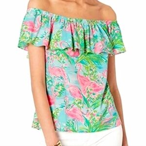 Lilly Pulitzer La Fortuna Off Shoulder Top In Flamingo Print, Size Medium